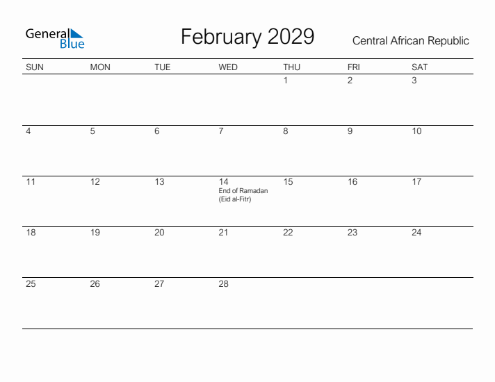 Printable February 2029 Calendar for Central African Republic