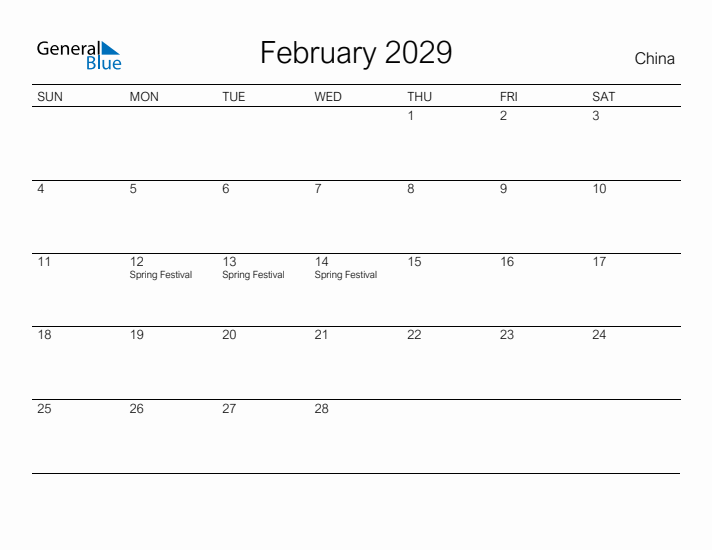 Printable February 2029 Calendar for China