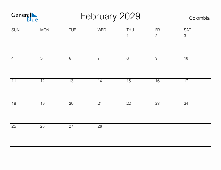 Printable February 2029 Calendar for Colombia