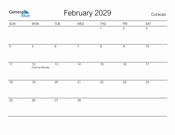 Printable February 2029 Calendar for Curacao