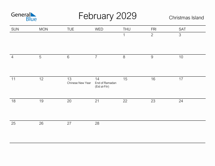 Printable February 2029 Calendar for Christmas Island