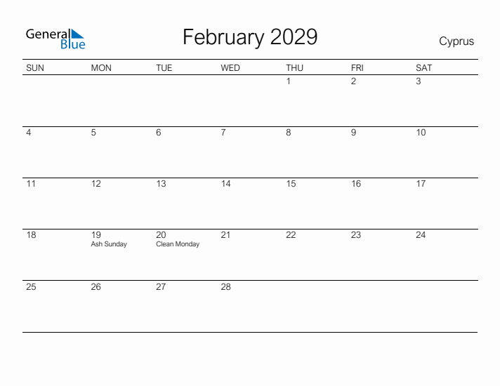 Printable February 2029 Calendar for Cyprus