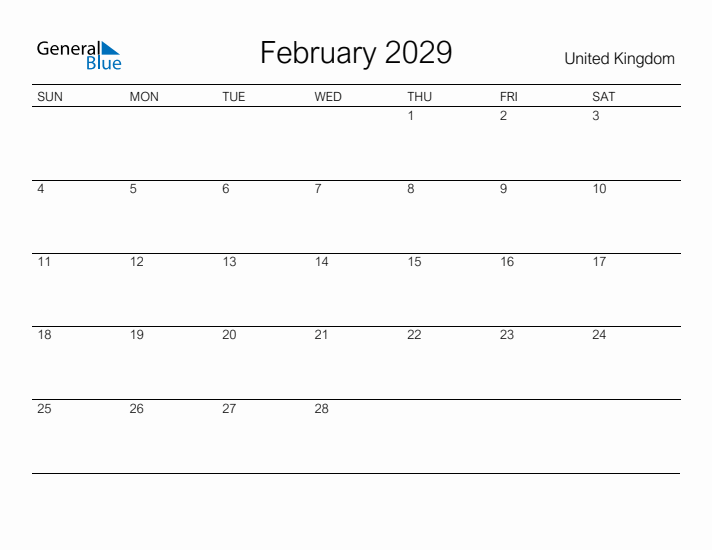 Printable February 2029 Calendar for United Kingdom