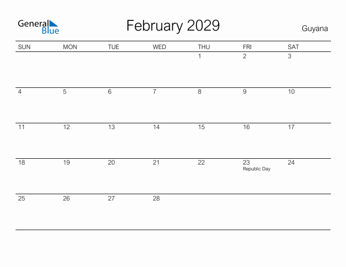 Printable February 2029 Calendar for Guyana