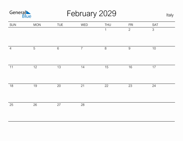 Printable February 2029 Calendar for Italy