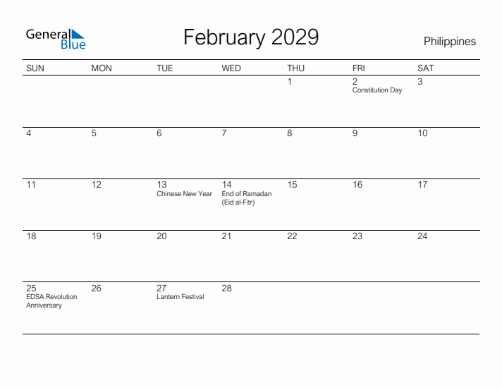 Printable February 2029 Calendar for Philippines