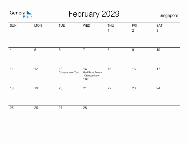 Printable February 2029 Calendar for Singapore