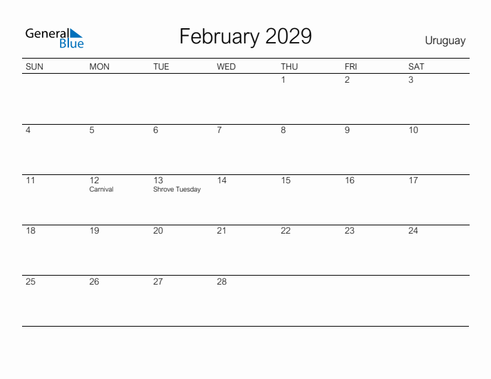 Printable February 2029 Calendar for Uruguay
