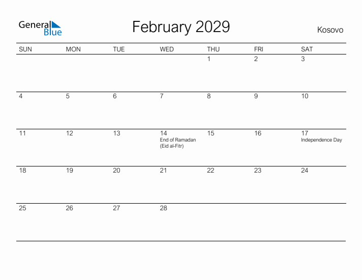 Printable February 2029 Calendar for Kosovo