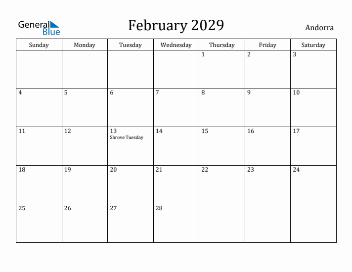February 2029 Calendar Andorra