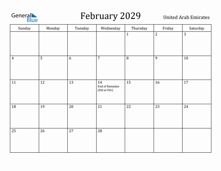 February 2029 Calendar United Arab Emirates