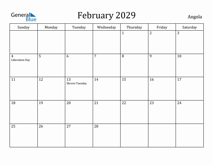 February 2029 Calendar Angola