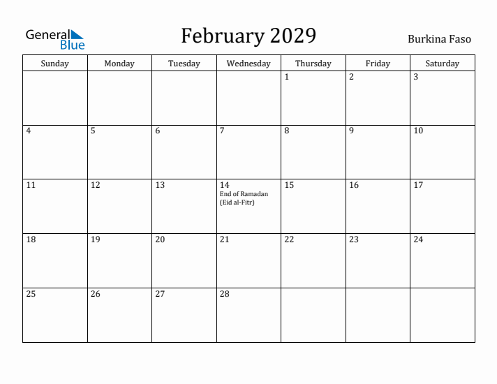 February 2029 Calendar Burkina Faso