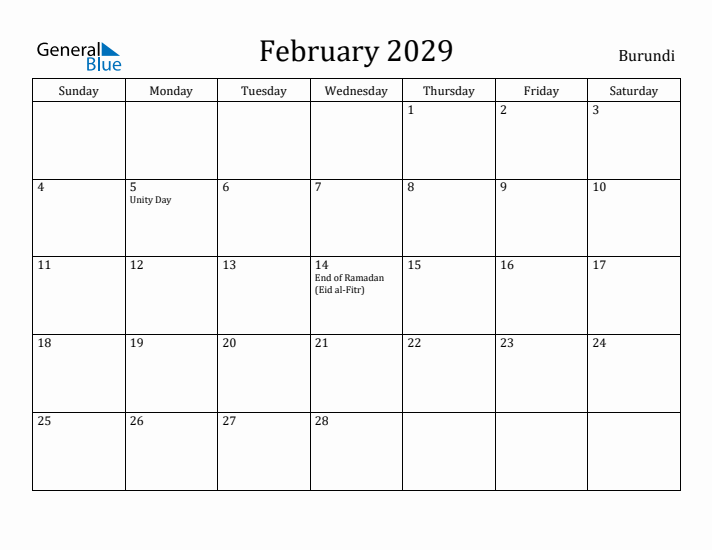 February 2029 Calendar Burundi