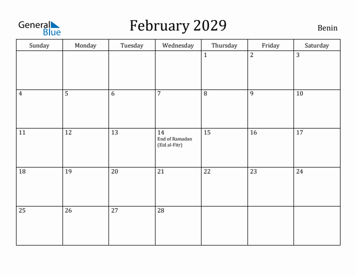 February 2029 Calendar Benin