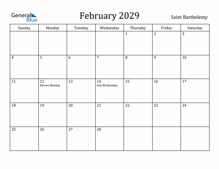 February 2029 Calendar Saint Barthelemy