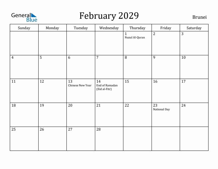 February 2029 Calendar Brunei