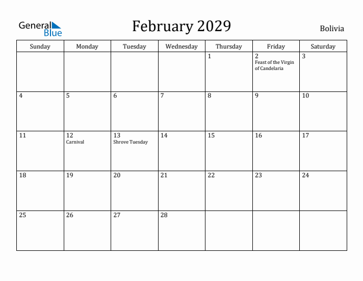 February 2029 Calendar Bolivia