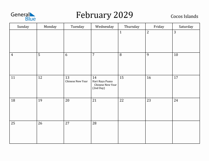 February 2029 Calendar Cocos Islands