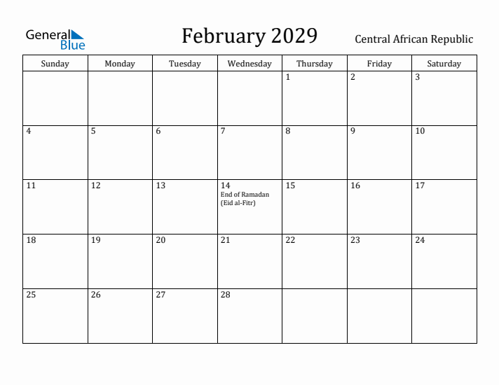 February 2029 Calendar Central African Republic