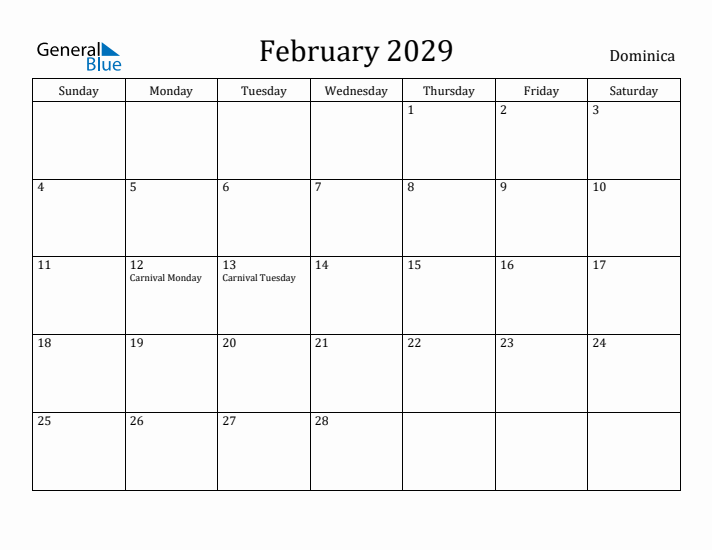 February 2029 Calendar Dominica