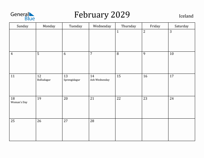 February 2029 Calendar Iceland