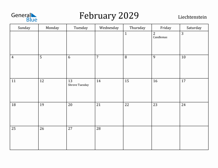 February 2029 Calendar Liechtenstein