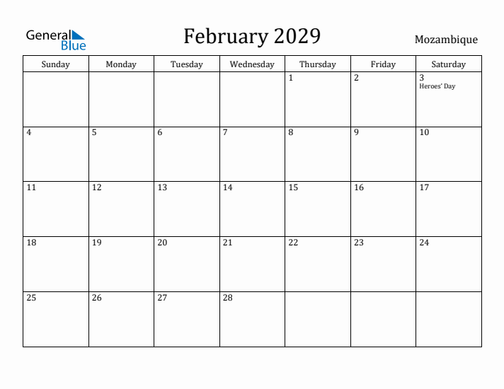 February 2029 Calendar Mozambique