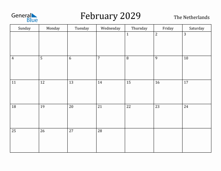 February 2029 Calendar The Netherlands