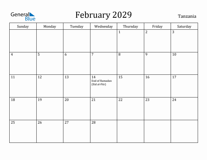 February 2029 Calendar Tanzania