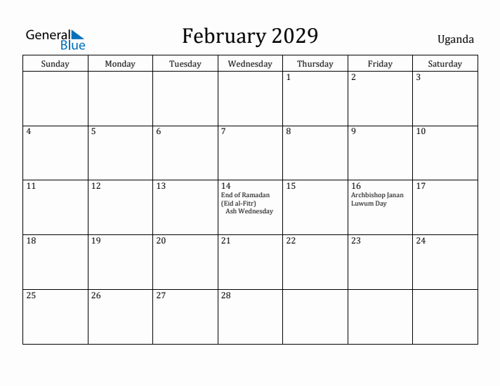 February 2029 Calendar Uganda