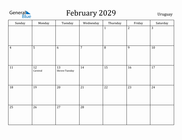 February 2029 Calendar Uruguay