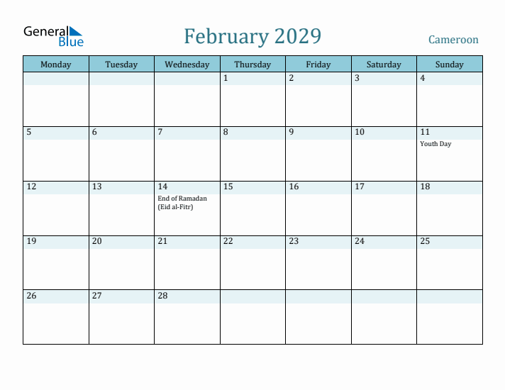 February 2029 Calendar with Holidays