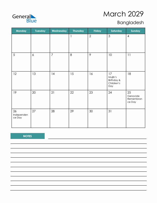 Calendar with Notes Printable - Monday Start