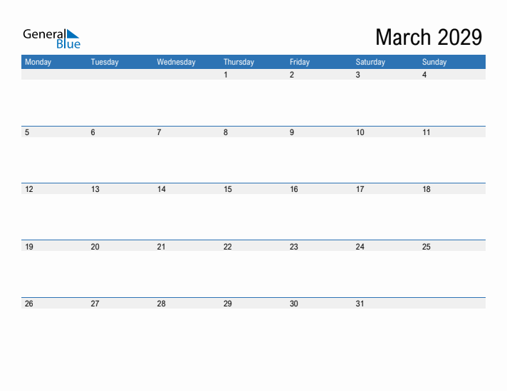 Fillable Calendar for March 2029