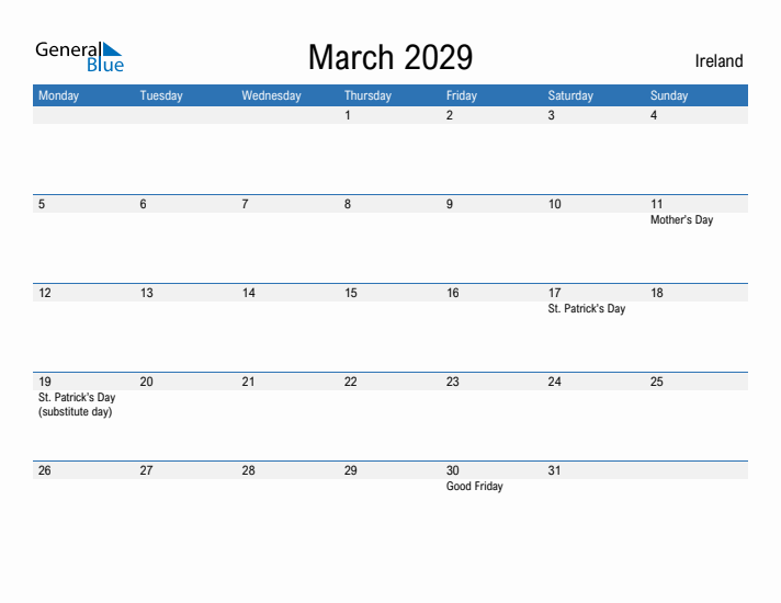 Fillable March 2029 Calendar