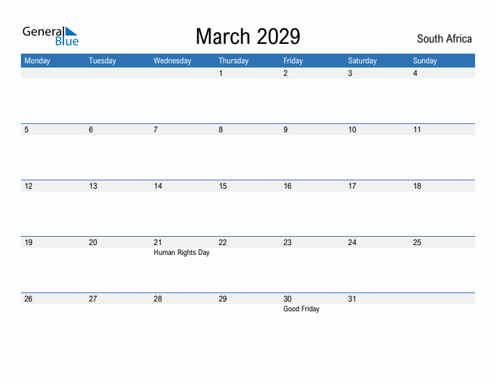 Fillable March 2029 Calendar