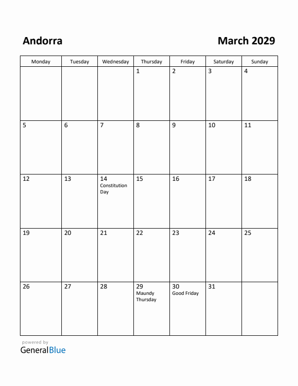March 2029 Calendar with Andorra Holidays