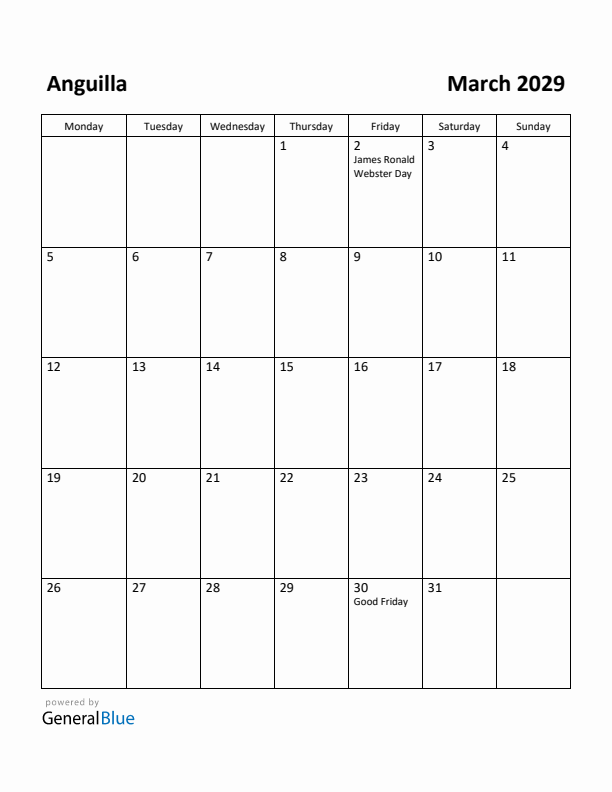 March 2029 Calendar with Anguilla Holidays