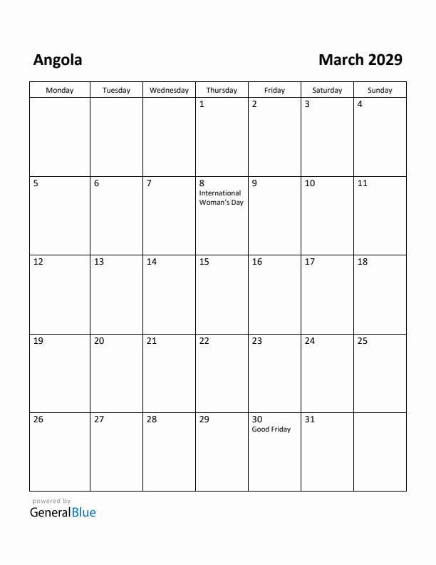 March 2029 Calendar with Angola Holidays