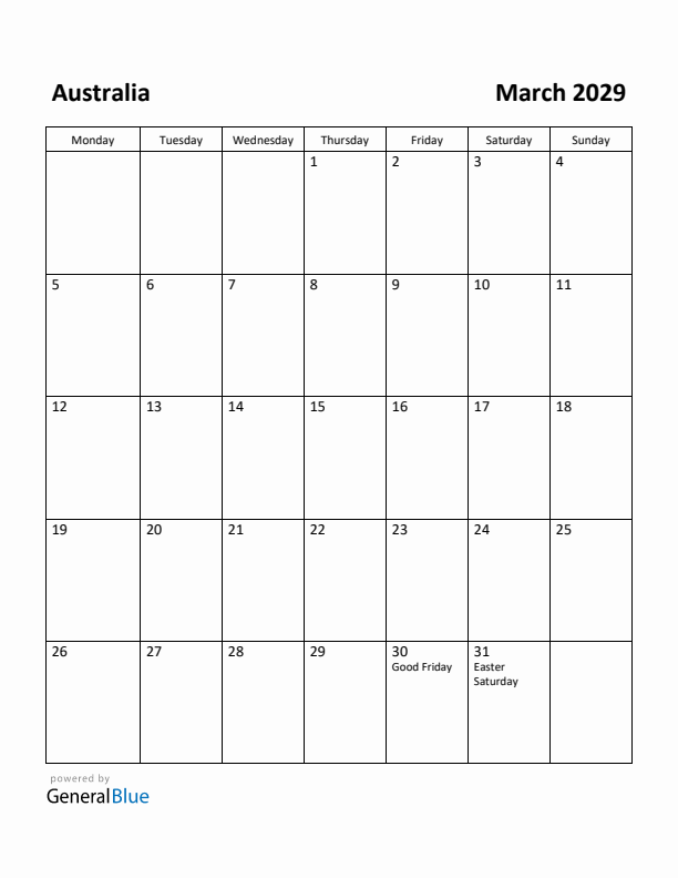 March 2029 Calendar with Australia Holidays