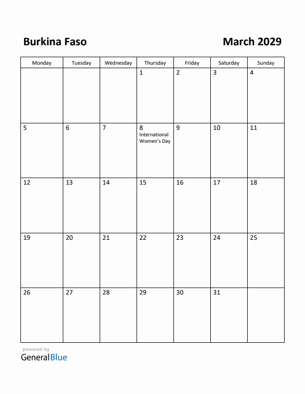 March 2029 Calendar with Burkina Faso Holidays