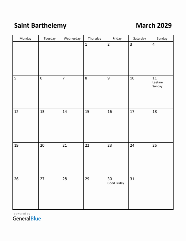 March 2029 Calendar with Saint Barthelemy Holidays