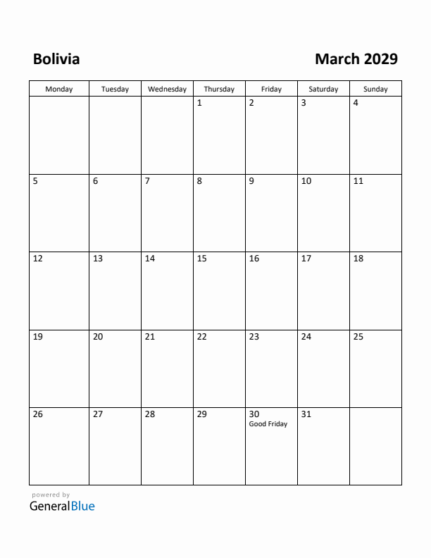 March 2029 Calendar with Bolivia Holidays