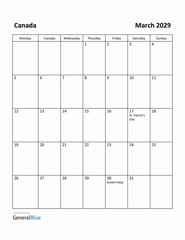 March 2029 Calendar with Canada Holidays