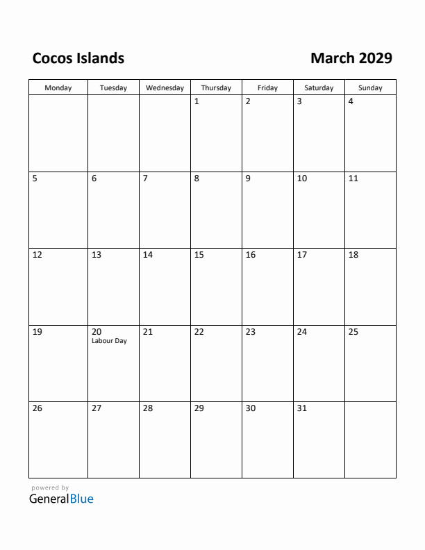 March 2029 Calendar with Cocos Islands Holidays