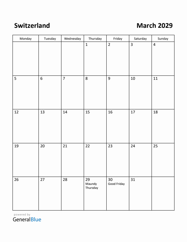 March 2029 Calendar with Switzerland Holidays