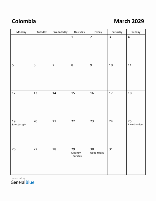 March 2029 Calendar with Colombia Holidays
