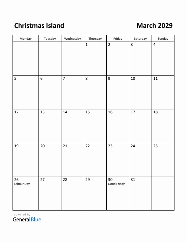 March 2029 Calendar with Christmas Island Holidays