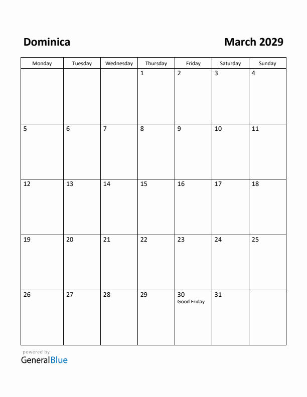 March 2029 Calendar with Dominica Holidays